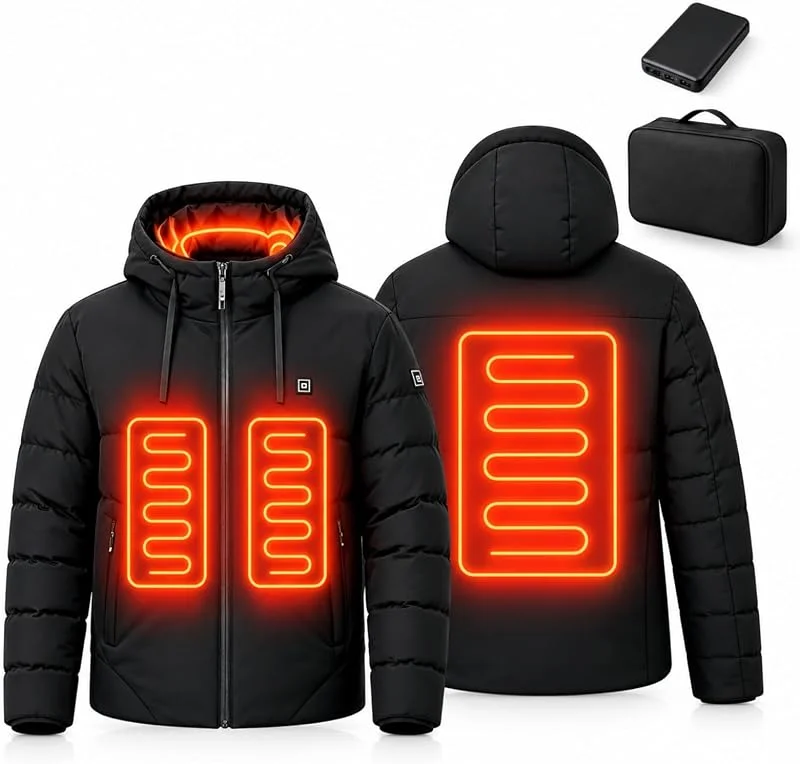 Veste Chauffante Capuche pour Homme Femme avec Batterie, Électrique Vestes avec 3 Niveaux de Chauffage, Manteau Blouson Chauffante pour Ski, Moto, Pêche, Activités de Plein Air — Vetements ski