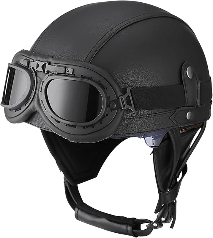 EBAYIN Casque Bol Casque Ouvert Casque De Moto RéTro Brain Cap Casque Jet Casque Demi-Coque Casque De Cyclomoteur avec Lunettes Scooter Cruiser Chopper Casque ECE Approuvé, P-XL=（61~62cm） — Equipement ski