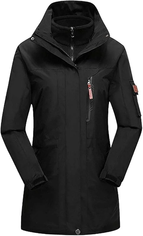 MU Femmes Veste de Ski, 3 En 1 Mi-Longs Coupe-Vent Imperméable, Manteau D'Hiver En Plein Air Chaud Avec Coupe-Vent Amovible Chapeau, Black, M — Vetements ski