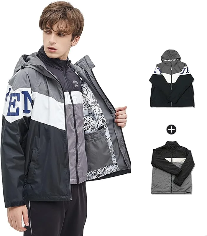 MU Vêtements Pour Hommes Veste de Ski 3 En 1 Veste Imperméable Isolé Neige Manteau Veste Coupe-Vent À Capuchon Avec Intérieur Chaud Manteau Polaire, Grey, L — Vetements ski