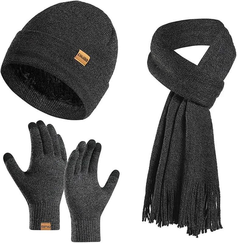 Enwokran Tricotés Ensemble d'hiver Bonnet écharpe Gants d'écran Tactile 3 en 1, Écharpe Longue e Gants Écran Tactile Classique d'hiver Chaud Doublure en Polaire Couleur Unie Chapeau — Vetements ski