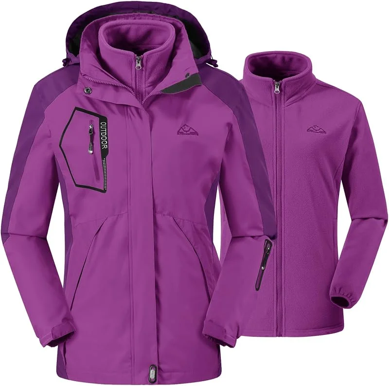 Donhobo Veste de ski 3 en 1 pour femme avec veste polaire imperméable coupe-vent et chaude Veste d'hiver double fonction avec capuche amovible — Vetements ski