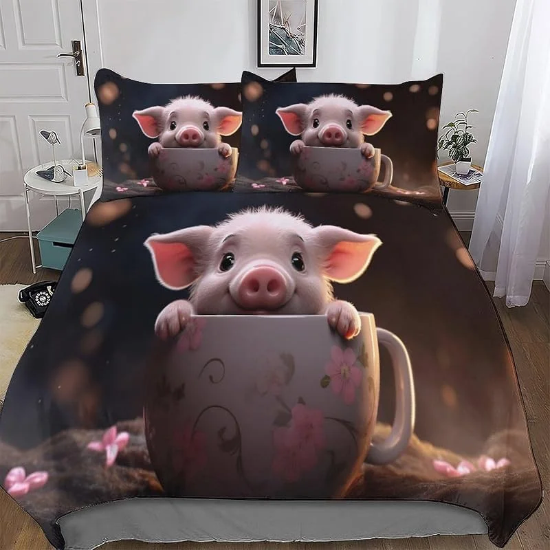 Animal Cochon 3D Parure De Lit Microfibre De Housses De Couette 3 Pièces Douce Ensemble De Housse De Couette avec Taies d'oreiller pour Adultes Enfants Double (200x200cm) — Equipement ski