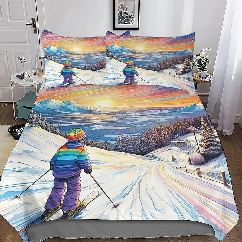 Ski Parure De Lit De Microfibre Coton, Super Douce, Confortable Et Moelleuse, pour Enfants Adultes Housse De Couette avec Taie d'oreiller Assortie Double (200x200cm) — Equipement ski