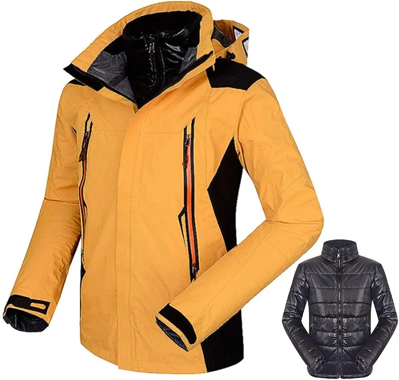 MU Veste de Ski de 3 En 1 Pour Hommes Imperméable Avec Une Veste En Molleton Chaude Mobilière À Capuche À Capuche Détachable, Coupe-Vent Respirant Vêtements de Montagne Imperméable, Yellow, Xxl — Vetements ski