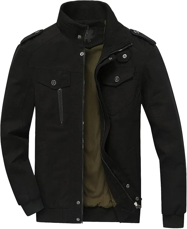 ZDJSWJ Hommes lavé coton veste militaire col montant Multi-poches veste légère softshell full zip workwear — Vetements ski