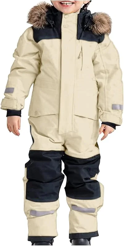 Générique Combinaison de Ski pour Enfants garçons Thermique vêtement Neige Hiver Vent Capuche Amovible Tenue extérieur activités Sportives (Beige, 1-2 Years) — Vetements ski