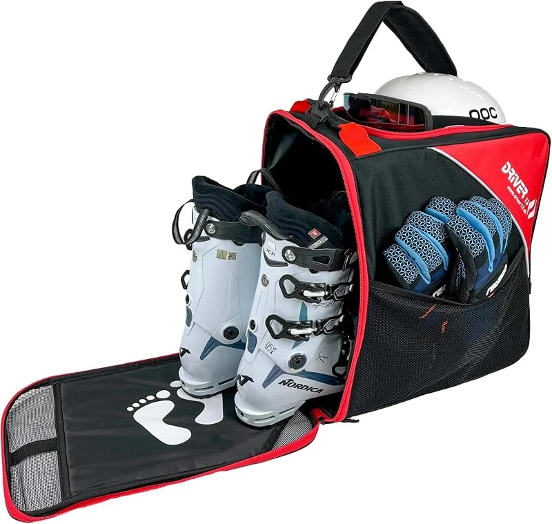 Driver13 Sac pour Chaussures, Chaussures de Ski avec Compartiment Casque (bootbag) pour Chaussures de Ski et Boots de Snowboard (Noir, Rouge) — Equipement ski