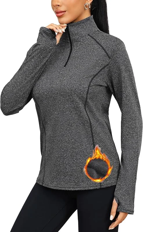 Terecey Hauts Thermiques Femme Manche Longue Tee Shirt de Sport Polaire Demi-zippé Col V Top Épaissis avec Trou pour Le Pouce sous-Vêtements Chaud Hiver — Vetements ski