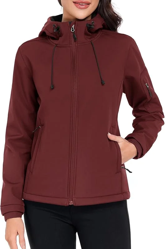 CMTOP Veste Softshell Femme Doublé Polaire Chaud Parka Imperméable À Capuche, Hydrofuge Coup-Vent Veste de Pluie d'Extérieur Veste mi Saison avec Poches À Fermeture Éclair — Vetements ski