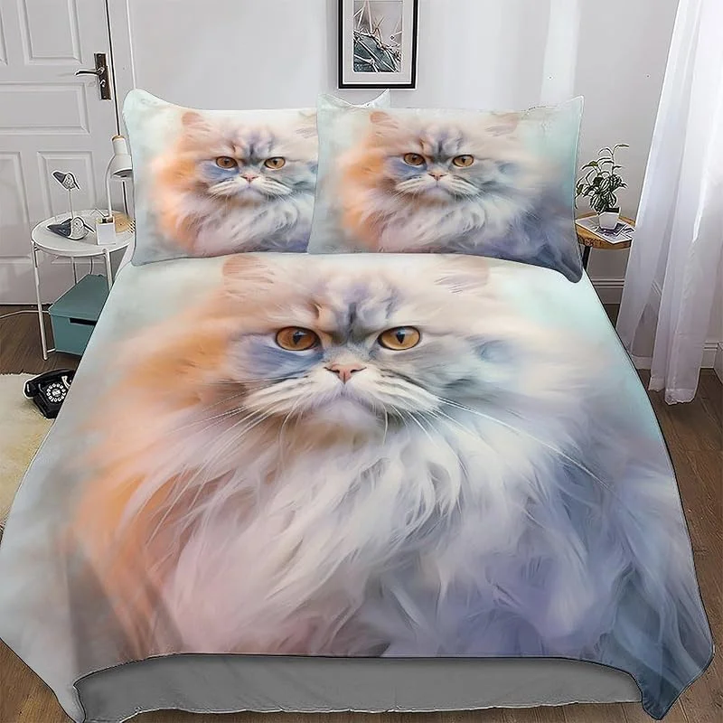 Animal Chat 3D Imprimé Housse De Couette Parure De Lit avec Taie d'oreiller Doux Et Confortable Sets De Housse Couette en Microfibre Fermeture avec Fermeture Éclair Double (200x200cm) — Equipement ski