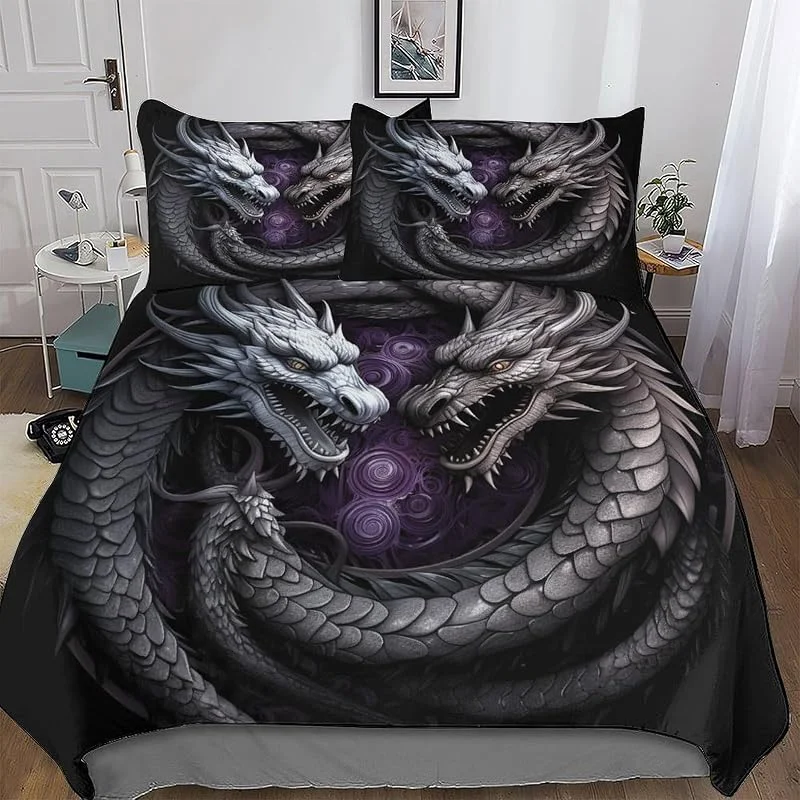 Dragon Parure De Lit Housse De Couette Et Taies d'oreiller, 3 Pièces Ensemble Doux Microfibre pour Enfants Et Adolescents Double (200x200cm) — Equipement ski