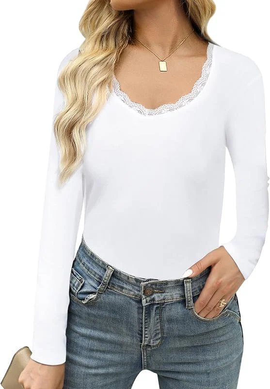 Haut Thermique Femme Col V en Dentelle Manches Longues Style Sport — Vetements ski