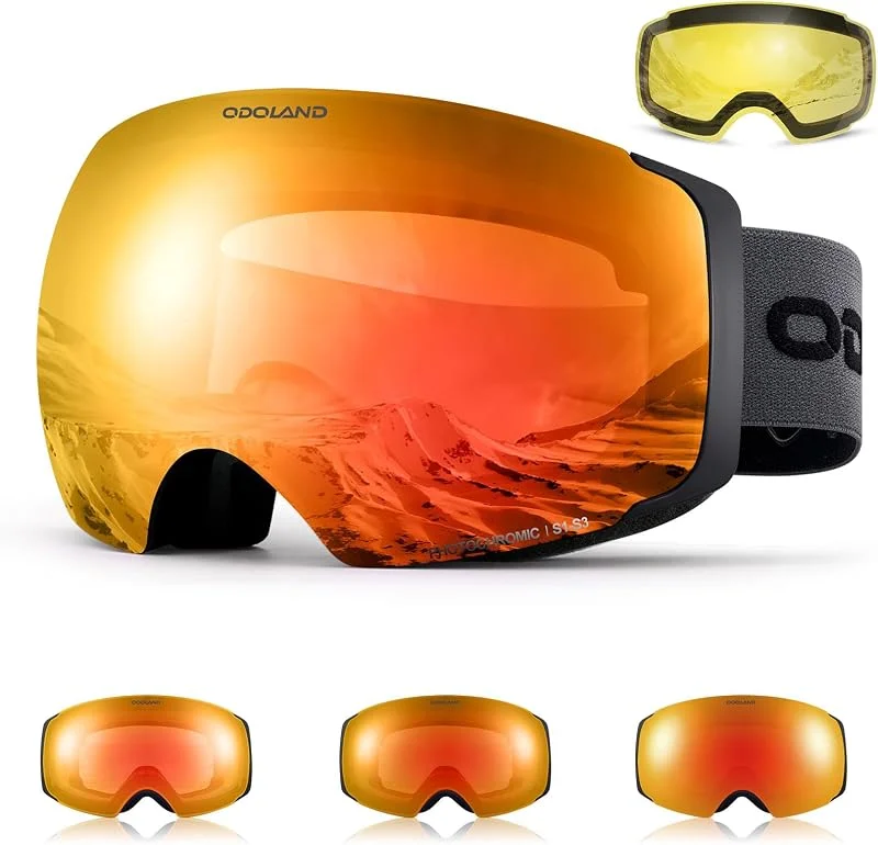 Odoland Kit de Lunettes de Ski Magnetique, avec Lentille Détachable, Masque de Snowboard Hommes et Femmes, Anti-UV400, Anti-Buée, Coupe-Vent, Lunettes de Protection Sphérique — Equipement ski
