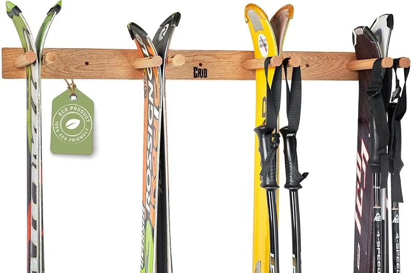 CRID Support mural pour 4 paires de skis avec bâtons de ski et équipement - Bois de chêne robuste - Support universel compatible avec tous les modèles de ski - Kit de montage inclus - Marque allemande — Equipement ski