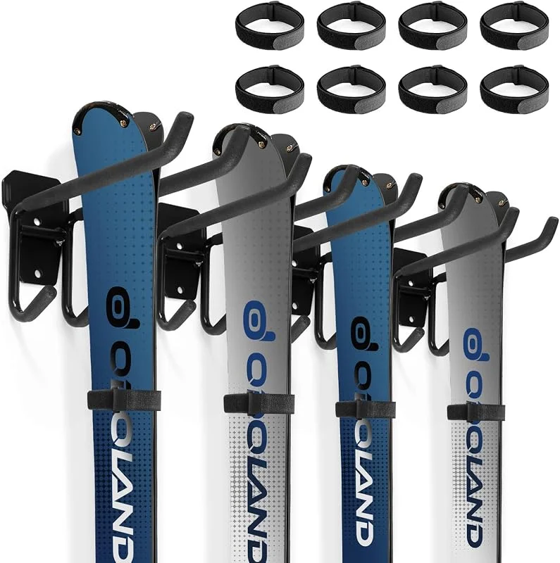 Odoland Kit de Support Rangement pour Skis Peut Contenir 4, 2 Paires Snowboards, 4, 2 Supports de Stockage Mural avec 8, 4 Sangles en Velcro, Support Mural Skis pour Maison et Garage — Equipement ski