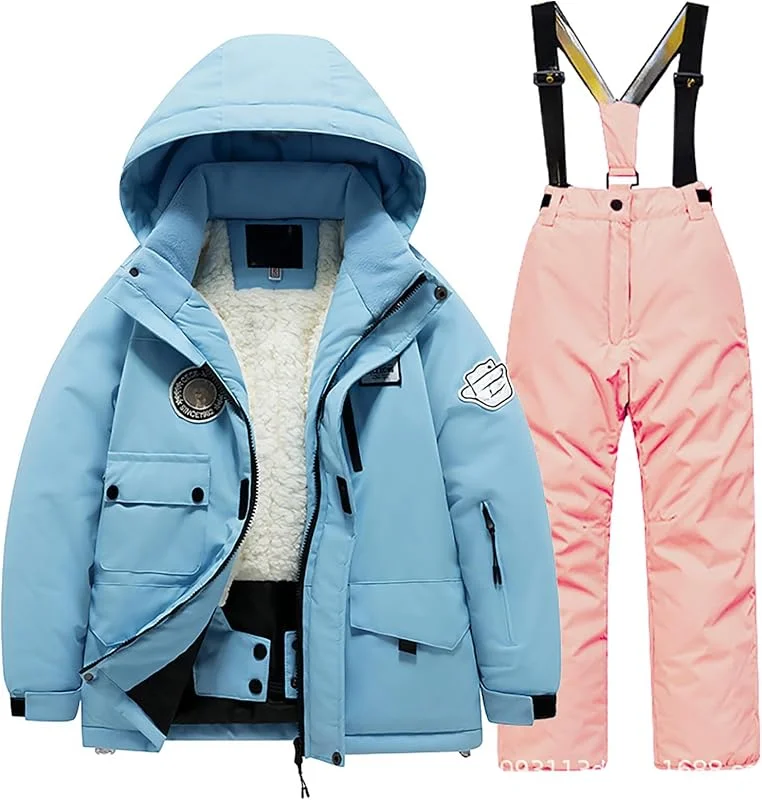 Generisch Combinaison de ski en polaire avec poche veste pantalon d'hiver coupe-vent snowboard unisexe combinaison de neige chaude avec déperlant respirant élastique pour activités de plein air — Vetements ski