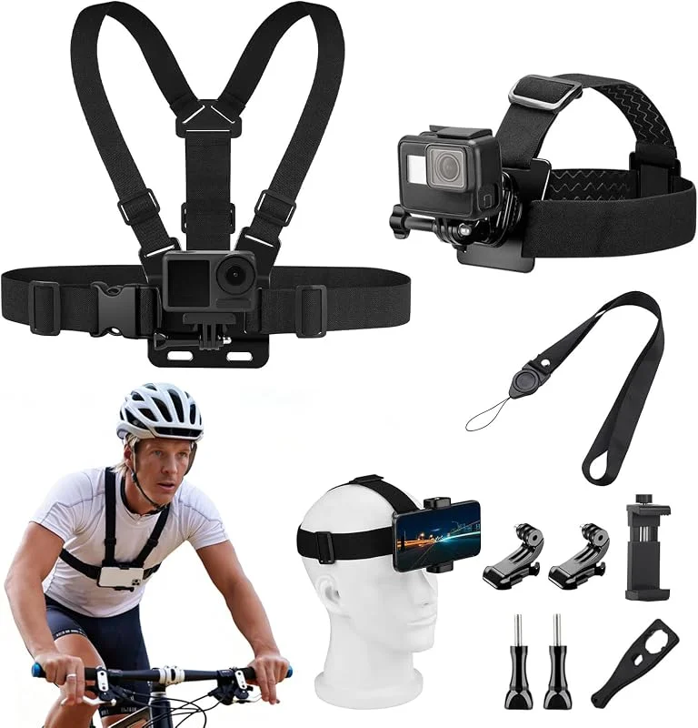 dellyy Kit d'accessoires pour Caméra d'action: Sangle de Poitrine et Bandeau, Compatible avec Diverses Caméras d'action, Idéal pour Les Sports de Plein air comme Le Cyclisme, Le Ski, l'alpinisme — Equipement ski