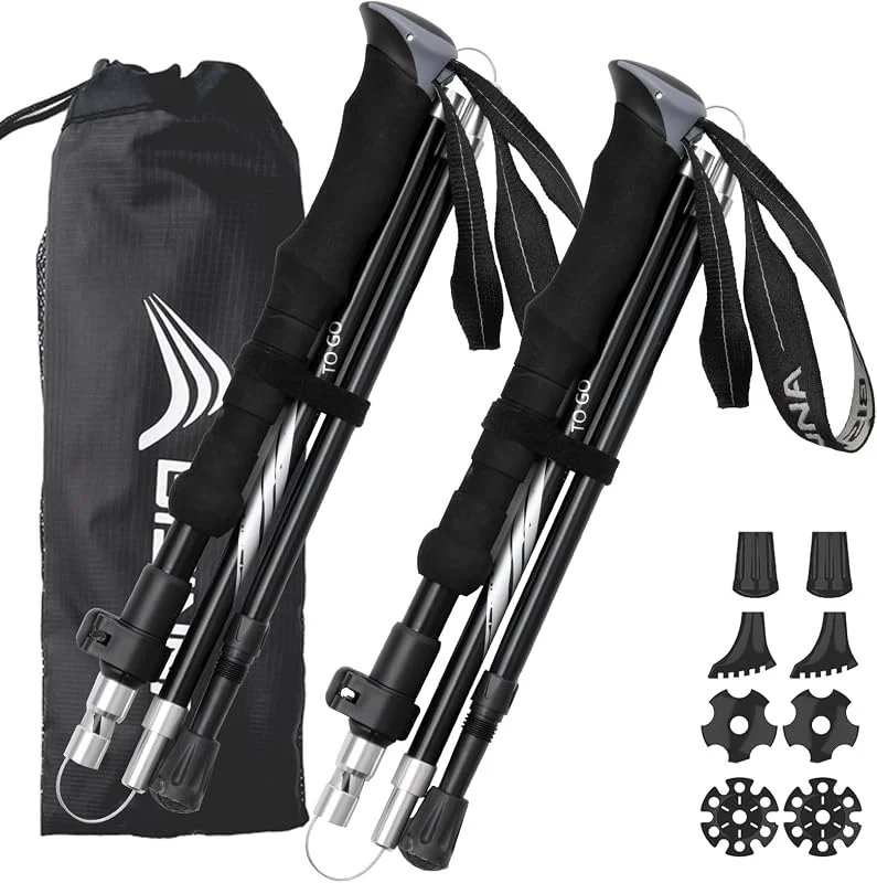 BISINNA Bâtons de randonnée pliables en alliage d'aluminium 2 pièces Bâtons de randonnée légers et réglables pour homme Wowen Canne de marche avec système de verrouillage rapide — Equipement ski