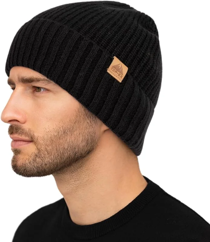 TOP-EX Bonnet en laine mérinos pour homme, bonnet d'hiver chaud en laine avec doublure en polaire, bonnet thermique à revers pour homme, bonnet en laine douce pour temps froid, randonnée, travail — Vetements ski