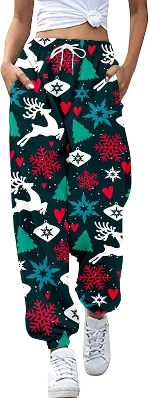 Pantalon de jogging décontracté pour femme avec poche imprimé de Noël et sangle de cheville - Taille haute - Pantalon de loisirs - Pantalon de randonnée à ski pour femme — Vetements ski